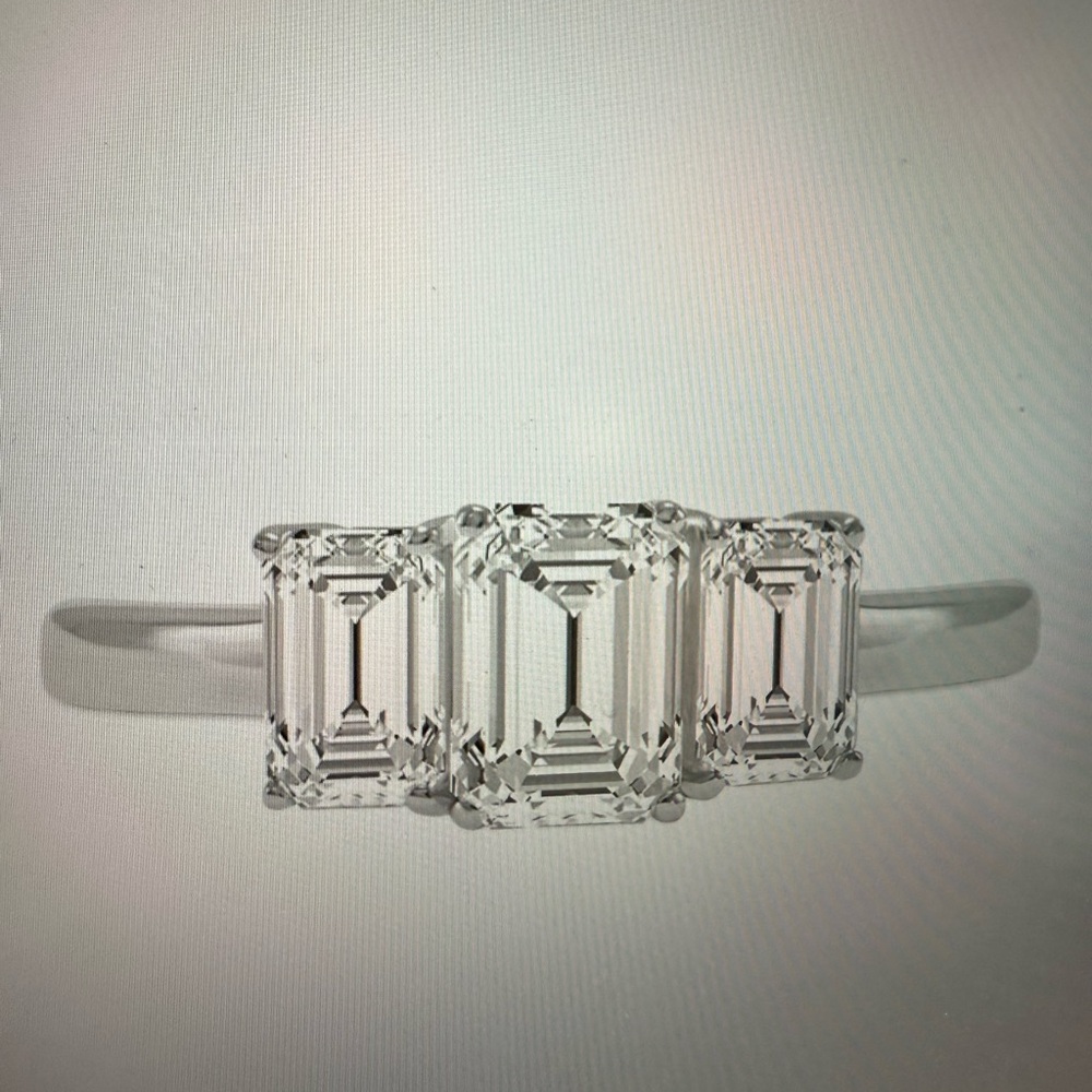 Elegant 14k white gold 4 carat lab diamond emerald cut E VS Triple Stone Ring